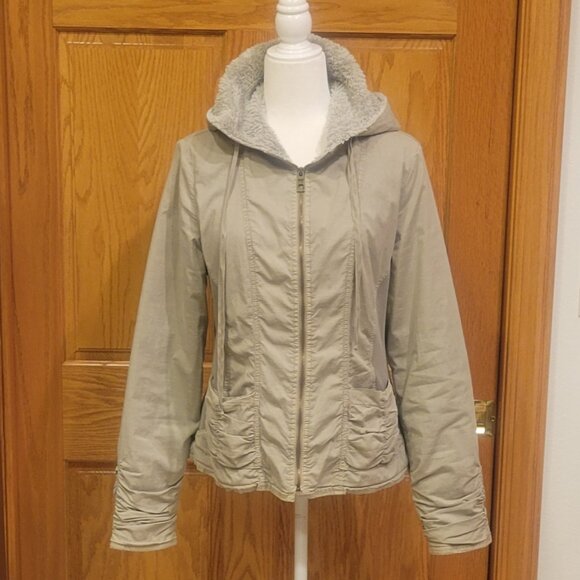 XCVI Light Green Khaki 100% Cotton Ruched Plush Fleece Lined Hooded Jacket Sz L - Picture 4 of 16
